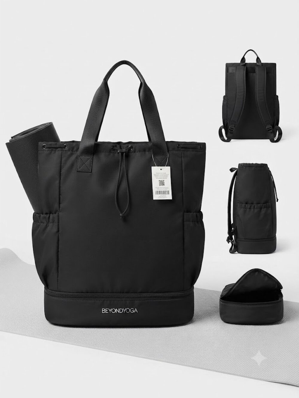 Beyond Yoga Black Nylon Tote-Style Backpack